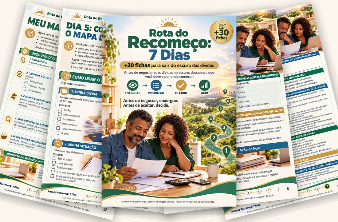 Páginas da Rota do Recomeço abertas em leque, com a capa na frente e fichas do Mapa da Saída e do Retrato das Dívidas atrás